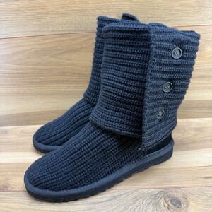UGG Classic Cardy Boots Womens 6 Black Sweater Knit Pull On Boots Button